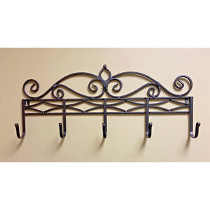 Vintage Brown Wrought Iron Wall Mounted Metal Clothes/Hat/Jacket Rack, 23"L